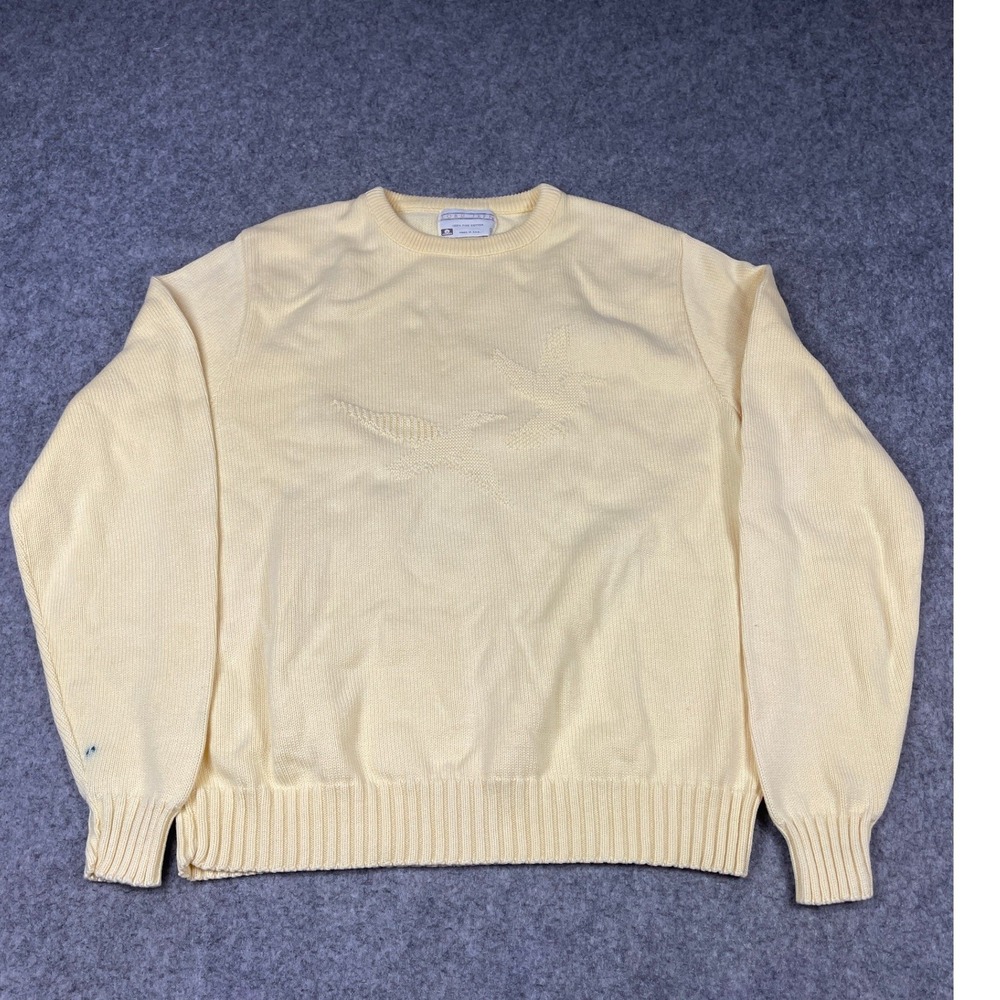 Vintage Lord Jeff Yellow Cotton Bird Intarsia Crewneck Sweater Mens USA Lg Stain